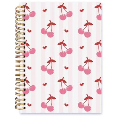 Imagem de ISANOU Caderno de cereja listrado rosa, caderno espiral forrado com capa dura, caderno pautado para faculdade, caderno de escritório escolar para trabalho, 14 x 21 cm, 80 páginas, presentes para