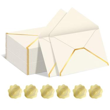 Imagem de 50 envelopes A7 de 12 x 17 cm com borda de folha dourada em V para escritório, envelopes coloridos de negócios para cartões de presente, dinheiro, casamento, convites, formatura (bege)