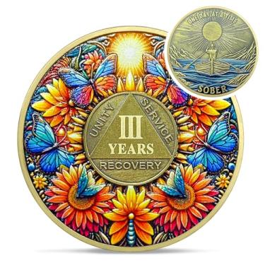 Imagem de Moeda delicada de sobriedade de 3 anos de girassol - Moedas AA de borboleta de recuperação de três anos - One Day at A Time NA HA chips e medalhões AA - Presentes de 1 a 10 anos vivendo limpos