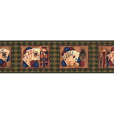 Imagem de CONCORD WALLCOVERINGS ™ Papel de parede Border Poker Padrão Jogo Tabuleiro Fichas Dados para Área de Jantar Casino, Azul Verde Vermelho Açafrão Preto, 18,8 cm por 15 Pés LL50112B