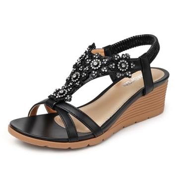 Imagem de TEMOFON Sandálias femininas com cunha baixa: cunhas abertas de verão - Plataforma elegante casual com tira elástica no tornozelo - Sandálias florais de strass confortáveis, 25 - Preto, 41