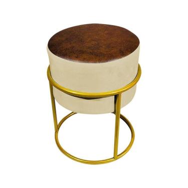 Imagem de Puff Decorativo Redondo Base De Ferro Dourada Tecido Veludo Bege Com Corano Ocre Bege