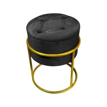 Imagem de Puff Decorativo Redondo Com Capitonê Base De Ferro Dourada Tecido Veludo Preto