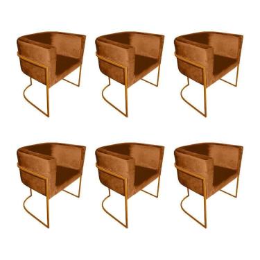 Imagem de Kit 6 Poltronas Decorativa Sala De Estar Base De Ferro Cobre Veludo Terracota Laranja