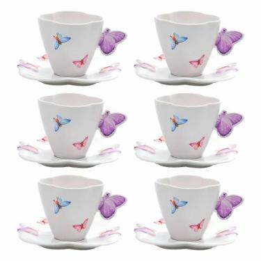 Imagem de Jogo Xicaras de Chá Café Com Pires Kit 6 Peças 200ml Borboleta Wolff P