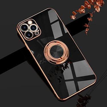 Imagem de Capa Omorro para iPhone 12 Pro Max anel, com rotação de 360 graus integrada, anel de suporte, capa com revestimento brilhante de borda de ouro rosé funciona com suporte magnético para carro, capa fina macia com suporte de anel preta
