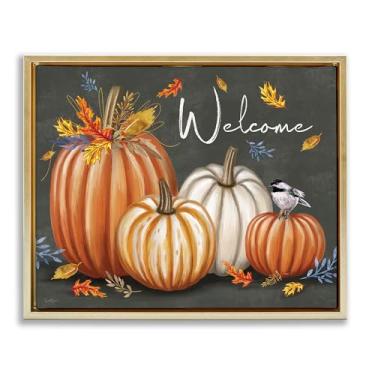 Imagem de Stupell Industries Arte de parede em tela emoldurada Welcome with Autumnal Pumpkins Gold Floater por Elizabeth Tyndall, 78 x 63 cm