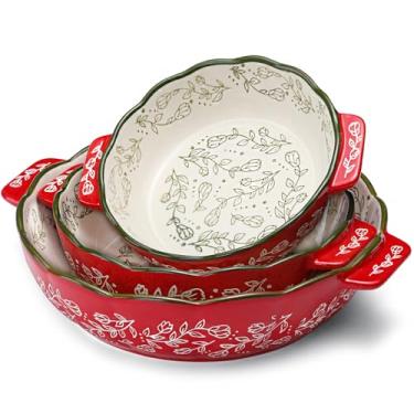 Imagem de Forma de torta de cerâmica, 1,1, 2, 3,2 QT caçarola para forno, 17 cm, 20,3 cm, 25,4 cm, conjunto de pratos profundos redondos para assar, assadeira com alças para caçarolas, tortas, lasanha, pizza e