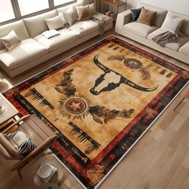 Imagem de Tapete Western Area Rug Southwestern Cow lavável, 12 x 18 cm, tapetes tribais navajo para sala de estar, quarto, cowboy, rústico, antiderrapante, macio, tapete grande para escritório, entrada