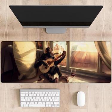 Imagem de dhakalrlde Mouse pad relaxante para jogos de guitarra chimpanzé, tapete de mesa grande para computador, teclado estendido, laptop, mouse pads 31,5 × 11,20 cm, tapete de borracha antiderrapante para