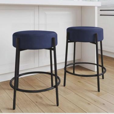 Imagem de Kit 02 Banquetas Alta Sintra 65cm Redonda Ferro Preto Suede Azul Marinho - Ahazzo Móveis