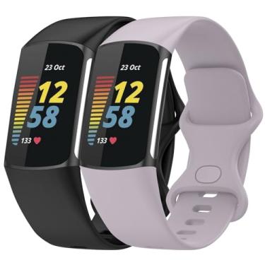 Imagem de Anuoli Pacote com 2 pulseiras compatíveis com Fitbit Charge 6 Charge 5, pulseira de substituição de silicone macio para mulheres e homens (preta_lavanda, grande (18 cm a 23 cm)