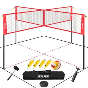 Imagem de ZEALFEEL Conjunto De 4 Jogos Vôlei Quadrados, Rede Ajustável Em 3 Alturas E Vias Com Bola Vôlei, Bomba, Bolsa Transporte, Martelo, 14 Pés Para Pessoas, Quintal, Praia, Gramado, Ótimo Diversão Famíli