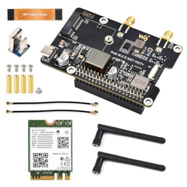 Imagem de Waveshare Adaptador de chave PCIe to M.2 E com função PoE, compatível com Raspberry Pi 5, suporte NGFF (M.2 E Key) Wireless Nic, Raspberry Pi 5 PCIe Hat, inclui módulo Wireless-AX210