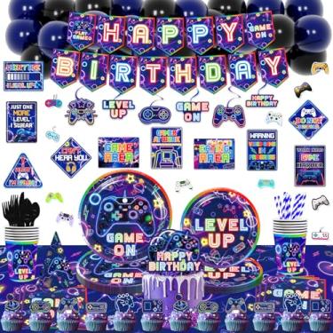 Imagem de Mpanwen Artigos Para Festa De Videogame, 247 Peças Decoração Aniversário Jogadores - Faixa, Adesivo, Balões, Enfeites Bolo, Pratos, Toalha Mesa, Pendurados, Placas Parede, Serve 16 Convidados