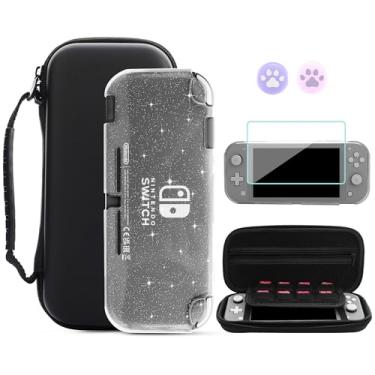 Imagem de GLDRAM Estojo De Transporte Preto Para Nintendo Switch Lite, Viagem Portátil Com 8 Compartimentos Cartões Jogo, Kit Acessórios 4 Em 1, Capa Protetora Tpu Transparente Glitter, Protetor Tela E 2 Capa