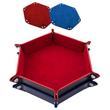 Imagem de SIQUK 2 bandejas de dados de couro PU, bandeja hexagonal dobrável para jogos de dados como RPG, DND e outros jogos de mesa (vermelho e azul royal)