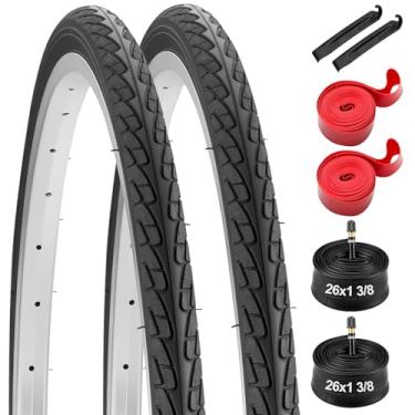Imagem de Pneu de bicicleta de estrada de 66 x 1 3/8 (37-590) e válvula Schrader de tubos de bicicleta de 26 x 1 3/8 compatível com bicicleta urbana vintage, bicicletas Beach Cruiser, pneu dobrável para