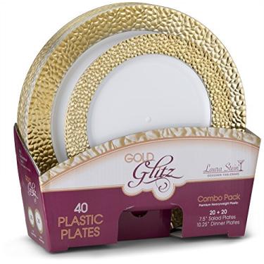 Imagem de Laura Stein Conjunto de 32 pratos de jantar de designer de plástico premium para casamento/festa: branco, borda dourada. O conjunto inclui 16 pratos de jantar de 27,3 cm e 16 pratos de salada de 19 cm