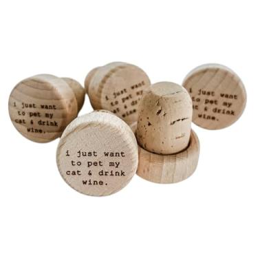 Imagem de Rolha de garrafa de vinho personalizada - "I just want to pet my cat and drink wine" – 5 peças rolha em T de madeira gravada em cortiça real lembrancinha de casamento presente de chá de panela selagem