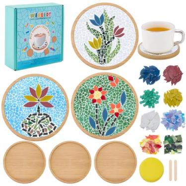 Imagem de WEBEEDY Kit de 3 conjuntos de porta-copos de mosaico de flores DIY com mosaico colorido com 11 cm/4,3" base de bambu redonda padrões florais porta-copos fazendo com instruções para adultos iniciantes