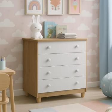 Imagem de Cômoda Gaveteiro Gabinete Infantil Branco Detalhes Nature Móvel 100% MDF Acabamento Fosco Premium