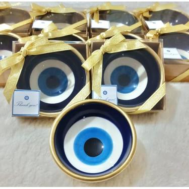 Imagem de HAPPY PARTY FAVORS 12 tigelas de cerâmica olho turco para presentes de convidados de casamento, lembrancinhas de festa de chá de bebê, presente de aniversário com fita dourada, etiqueta de