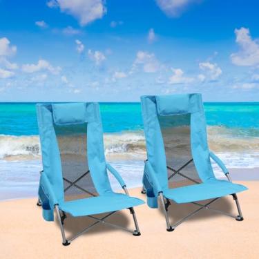 Imagem de BESTHLS Cadeiras de praia com encosto alto para adultos, cadeira dobrável de malha, cadeiras de acampamento leves com suporte para copos, bolsa de transporte, apoio de braço acolchoado para praia ao