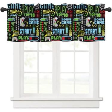 Imagem de YSWOW Cortina de saia infantil gamer para meninos, berçário, sala de jogos, decoração colorida, estilo pixel, gamepad, arte impressa, cortinas de janela L137 x C45 cm, tecido 1 painel