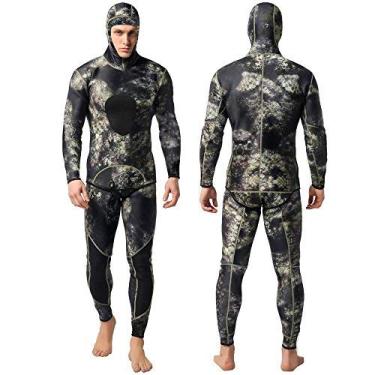 Imagem de Nataly Osmann Camo Spearfish Wetsuits Masculino 3 mm/1,5 mm Neoprene 2 peças Capuz Super Stretch Terno de Mergulho (Camuflagem 3 mm, 3GG)
