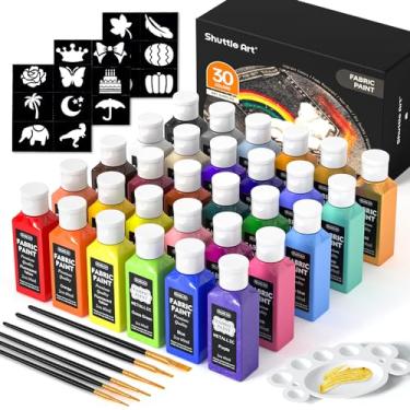 Imagem de Tinta de tecido, tinta de tecido macio permanente Shuttle Art 30 cores em frascos (60 ml/56.7 g) com pincéis, paleta, estêncil, tinta têxtil não tóxica para camisetas, sapatos, jeans, bolsas, projetos