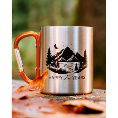 Imagem de PureRejuva Presentes de estanho de aniversário de 10 anos para ele – aniversário de lata para marido – Caneca de alumínio de 227-340 g com alça de mosquetão – 10º aniversário para casal (laranja 340 g