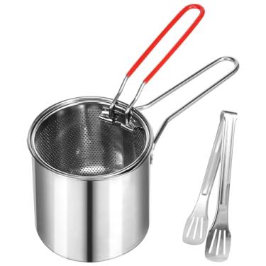 Imagem de HSHGZSR Panela de fritadeira resistente ao calor Frigideira de aço inoxidável Mini fritadeira a óleo profundo Fritadeira de cozinha ao ar livre com cesta de filtro e alça rebitada para sala de jantar