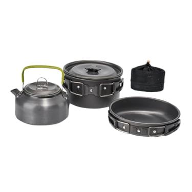 Imagem de rockible Conjunto de cozinha para acampamento 3 peças, panela, frigideira, chaleira, utensílios de cozinha portáteis antiaderentes para acampamento, kit de, Preto