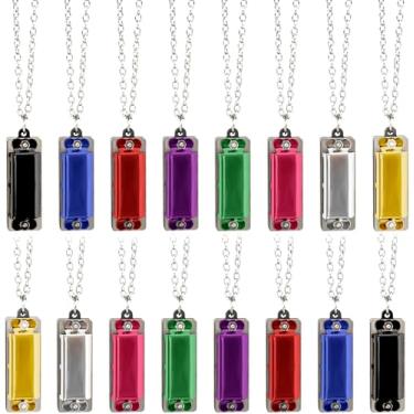 Imagem de 16 peças, mini colar de gaita para crianças, instrumentos de sopro de gaita de música portátil, 4 furos, 8 melodias de gaita para presente, 8 cores