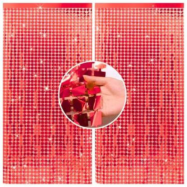 Imagem de Kit 2 Pçs Cortina Shimmer Metalizada Quadradinha 1x2m Painel Decorativo Para Festa Aniversários (Vermelho)