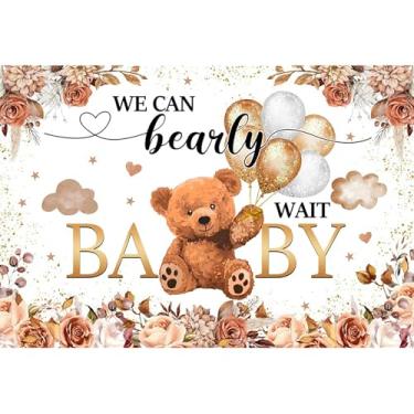Imagem de dnldliq Pano de fundo We Can Bearly Wait de 1,5 x 0,9 m, decorações de chá de bebê de urso, balões de desenho animado, festa de chá de bebê, fundos de fotografia de flores, adereços de decoração de
