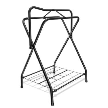 Imagem de HDYEGY Suporte dobrável para sela de cavalo, independente, resistente, suporte de sela destacável com armazenamento inferior para selas inglesas e ocidentais