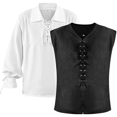 Imagem de Hercicy 2 peças colete masculino medieval renascentista camisa pirata fantasia steampunk lace up gótico colete para Halloween, Preto, branco., GG