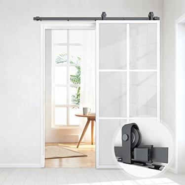 Imagem de Bdmetals Porta de celeiro deslizante de vidro temperado fosco de 91 cm e kit de ferragens de 1,8 m incluído, estrutura de alumínio, mecanismo de fechamento suave, porta deslizante de cozinha,