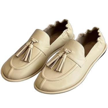 Imagem de Sapatos de couro bovino retrô francês, bico redondo, borla, mocassins, minimalistas, confortáveis, sapatos rasos femininos, Bege, 37