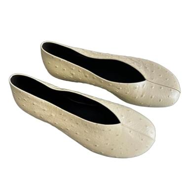 Imagem de Mocassins femininos de couro legítimo francês elegante outono macio retrô preguiçoso sem cadarço para mulheres, Bege, 35