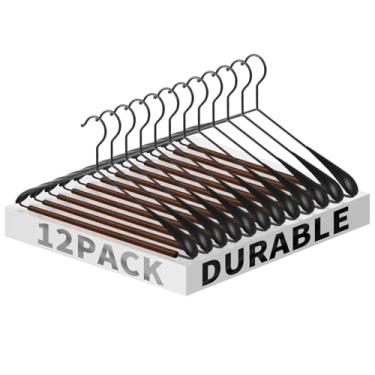 Imagem de Jiang&Rong Pacote com 12 cabides de metal de ombro largo, cabides para terno com barra de madeira, cabide de metal retrô liso para armário, vestidos, calças, suéter, jaqueta, cabides de roupas pesadas