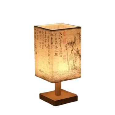 Imagem de Luminária de Mesa LED Estilo Chinês, 3 Temperaturas de Cor, Caligrafia Tradicional, Base em Madeira, Abajur Quadrado Pintura Chinesa (A)