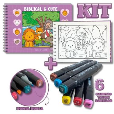 Imagem de KIT com Livro de Colorir Bíblico Biblical e Cute + 6 Canetas Touch Pon