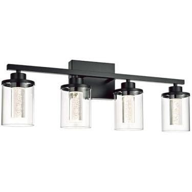 Imagem de QueeuQ Luminária de banheiro de 4 luzes sobre o espelho, luminárias de LED preto com LEDs reguláveis de 5CCT, persianas de vidro transparente e arandelas de parede design de iluminação para quarto