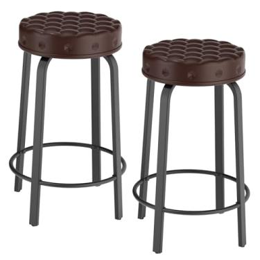 Imagem de Conjunto de 2 banquetas de bar de couro PU, 61 cm de altura, empilháveis, costas nuas, estofadas, redondas, para ilha de cozinha, sala de jantar e café, marrom