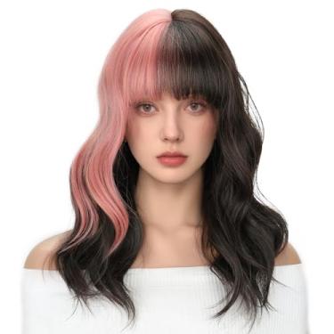 Imagem de LINGHANG Perucas pretas rosa com franja macia de fibra sintética natural para mulheres, peruca curta rosa para cosplay Halloween