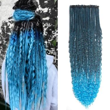 Imagem de Kyriena Extensões Boho Dreadlock com clipe azul ombré de 61 cm, 5 peças, 5 clipes com 15 fios SE Curly Dreads com trança de caixa de crochê sintético estilo boêmio, dreads para mulheres