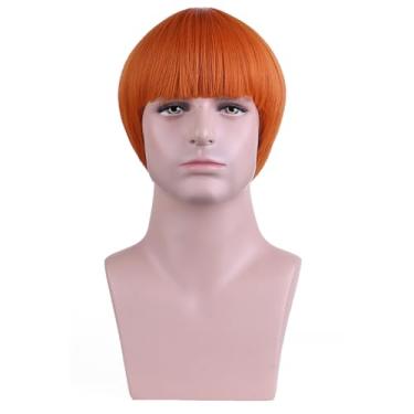 Imagem de MAGQOO Peruca de cogumelo curta masculina anos 60 anos 80 corte tigela perucas velho filme festa Halloween vetor fantasia anime peruca (laranja escuro)